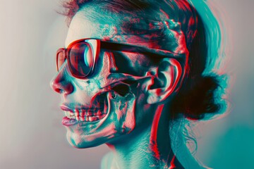 Profile view of a person's head with red and blue anaglyph effect blending with an image of a skull
