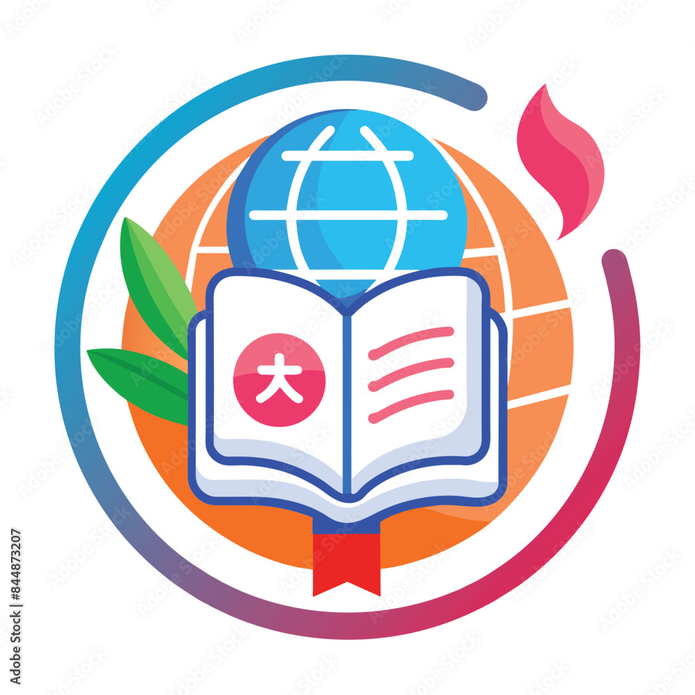 Poster a colorful symbol featuring a book, globe, and flame, representing a language, design a simple yet e