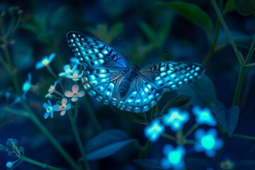 A digitally enhanced butterfly with glowing blue patterns sits on dark foliage with illuminated flowers