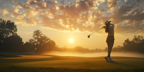 Woman Golfer Teeing Off at Sunset on Golf Course