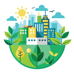Obraz premium A simple, flat design icon portraying a city skyline within a circular, green space, Develop a minimalist icon that symbolizes sustainable urban development and green spaces