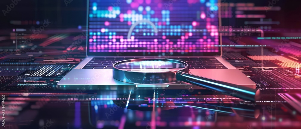 Poster magnifying glass on laptop with colorful digital data display
