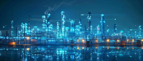 Obraz premium Illuminated Industrial Complex at Night With Digital Network Connections