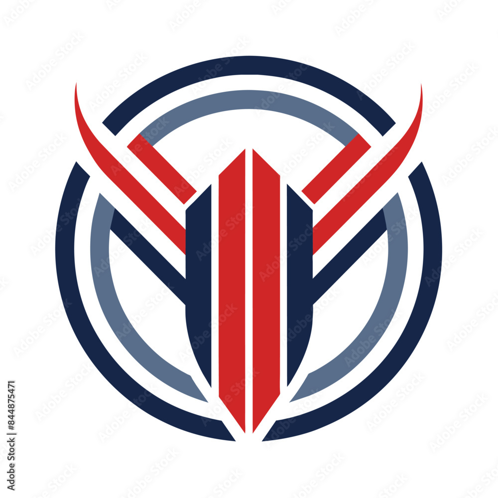 Poster a simple, abstract logo design featuring red horns inside a blue circle with a white background, emp
