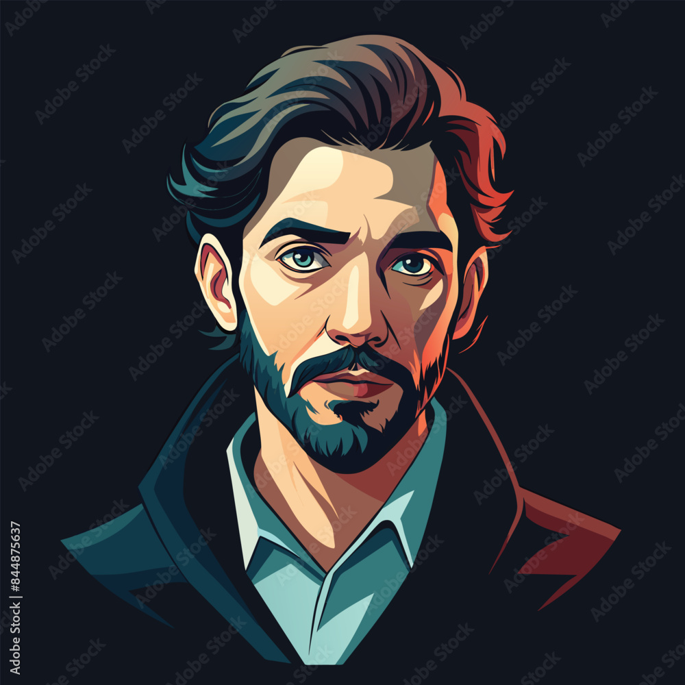 Poster a digital portrait of a man with a beard, looking directly at the viewer, experiment with subtle tex