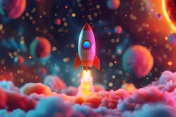 A colorful 3D rocket in cartoon style, soaring through space with the moon in sight. The scene is filled with twinkling stars and cosmic elements. Fun and fantastical.