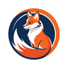 Obraz premium A simple design of a fox in an orange circle with a blue background, fox animal logo with simple circle design shape
