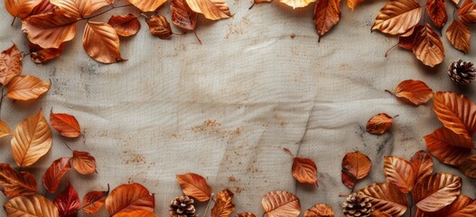 Dried Autumn Leaves Frame on Rustic Burlap Fabric Background