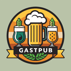 A simple and stylish logo design featuring a blue house with a red plus sign, Generate a simple and stylish logo for a modern gastropub with a rotating selection of local beers