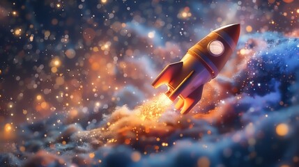 Fototapeta premium Cartoon 3D rocket ship flying out of this world, aiming for the moon. The rocket leaves a trail of sparkles as it travels through a star-studded galaxy. Magical and adventurous.