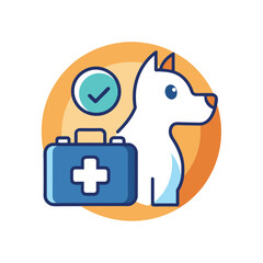 Minimalist design featuring a medical kit, a pet silhouette, a sun, and circles in a geometric pattern, Geometric design of a pet and medical kit