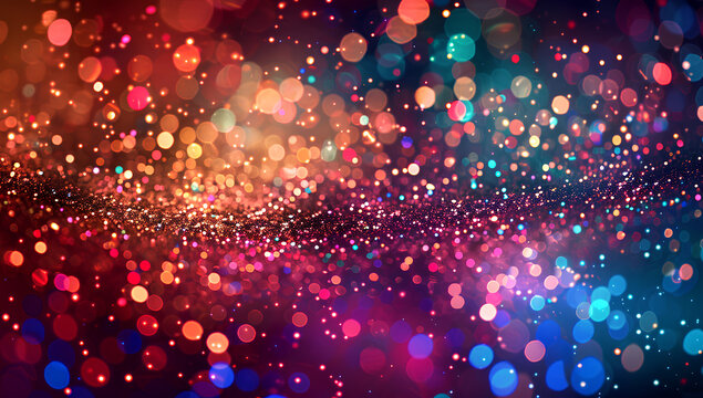 cloud of multicolored particles in the air like sparkles on a dark background with depth of field. beautiful bokeh light effects with colored particles. background for holiday presentations. - Powered by Adobe
