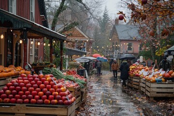 Fall Harvest Market in a Quaint Village on a Rainy Day