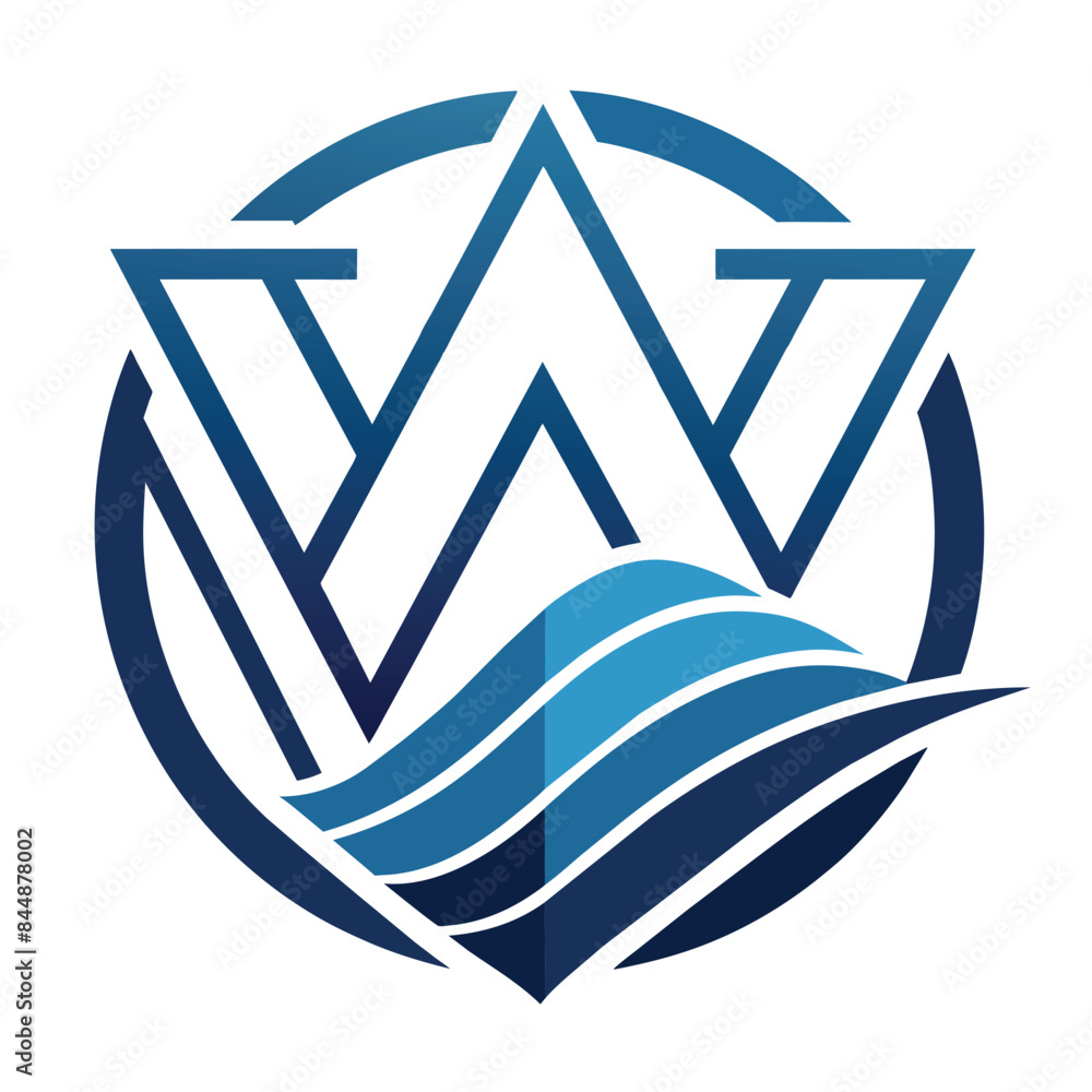 Poster a stylized logo featuring a blue and green wave pattern surrounding a building silhouette, incorpora