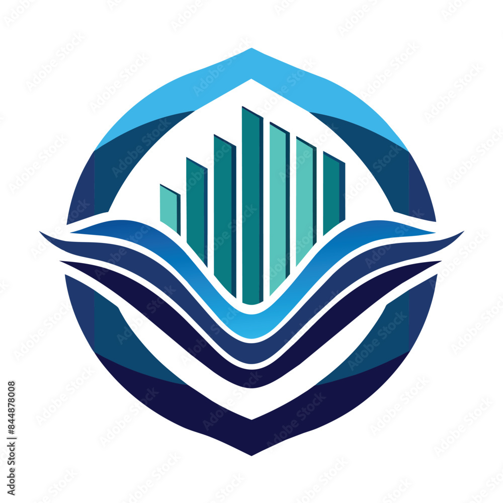 Poster a circular logo featuring a stylized wave pattern beneath four abstract buildings, incorporate a sub