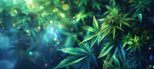 Fototapeta premium Medical Cannabis Banner with Glowing Leaves