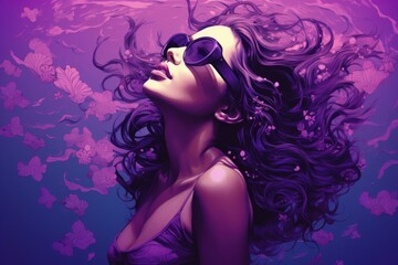 Artistic representation of a woman with flowing hair and sunglasses on a purple background