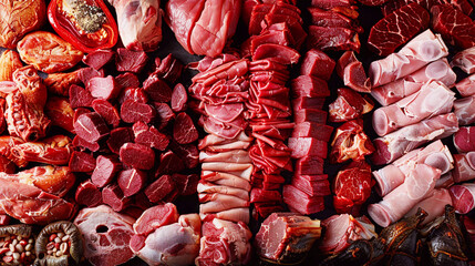 Top view of variety of raw meat texture background