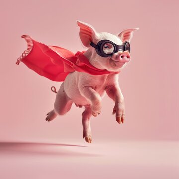 When pigs fly, isolated piglet with pink cape cloak against a pink background. Piglet is flying.
