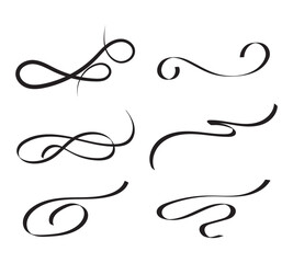 Swoosh and swash typography tails shape. Underline retro swoop wave line for athletic tshirt. Vector strockes set