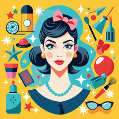Playful Modern Vintage Beauty Illustration, Playful and modern interpretation of classic beauty icons