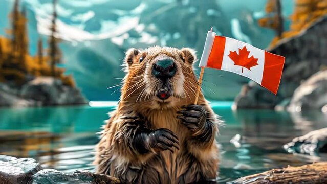 Funny Beaver Holding Canadian Flag For Canada Day Celebration With Canadian Nature Landscape Of Lake And Mountains in the Background,