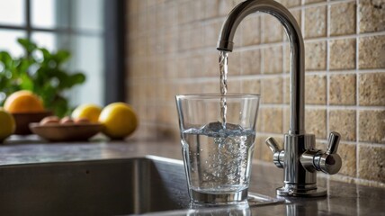 Filling up a glass with clean drinking water from kitchen faucet