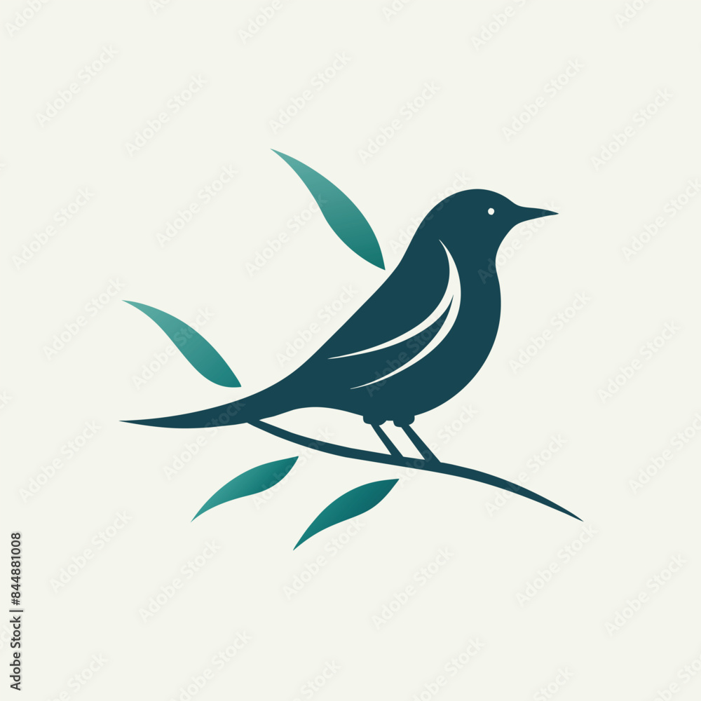 Poster abstract icon with a green leaf bar chart inside a circle, silhouette of a bird perched on a branch