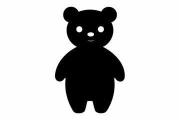 Black silhouette of a toy bear standing on a white background. Cute baby plush bear. Concept of kids toys, childhood, fun, game, playtime, minimalist design. Print, icon, design element