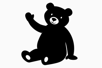 Black silhouette of sitting and waving toy bear isolated on white background. Cute baby plush bear. Concept of kids toys, childhood, fun, game, playtime, minimalist design. Print, icon, design element