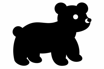 Black silhouette of toy bear standing on all fours  isolated on a white background. Cute baby plush bear. Concept of kids toys, childhood, fun, game, minimalist design. Print, icon, design element