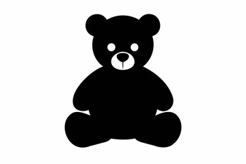 Black silhouette of sitting toy bear isolated on a white background. Cute baby plush bear. Concept of kids toys, childhood, fun, game, playtime, minimalist design. Print, icon, design element. Art