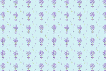 Nice floral pattern with purple lavender on the blue background. Botanical textile garment wallpaper, print, design. Hand-drawn vector illustration.