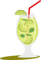 A glass of mojito with a red straw inside.