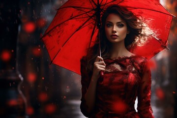 Captivating young woman holding a vibrant red umbrella stands amidst a dreamy, atmospheric cityscape