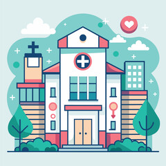 A graphic depicting a microphone, piano keys, drum, and other musical instruments, Stylish graphic of a hospital building with subtle medical symbols