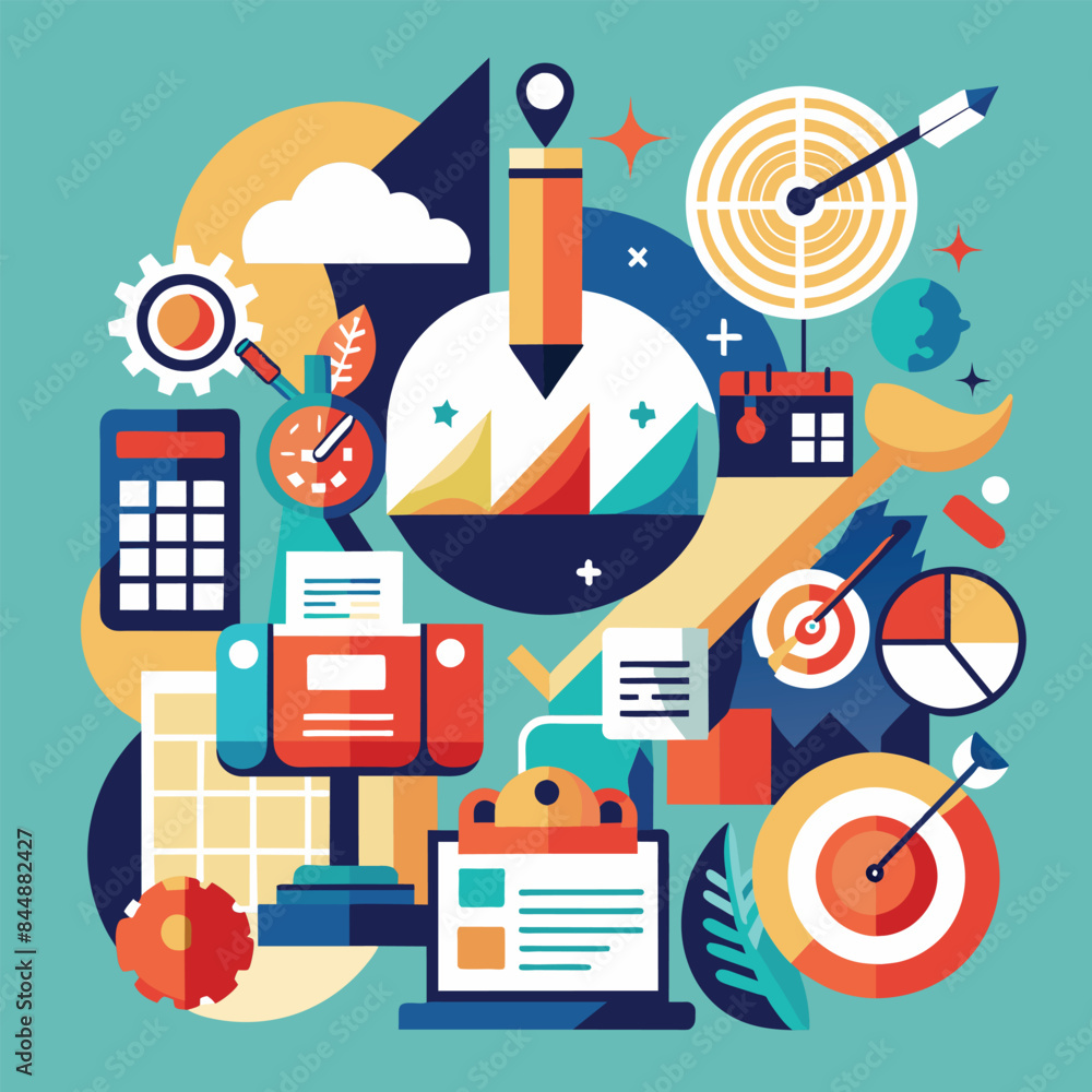 Poster abstract shapes representing data, charts, and technology tools depict precision in business and tec