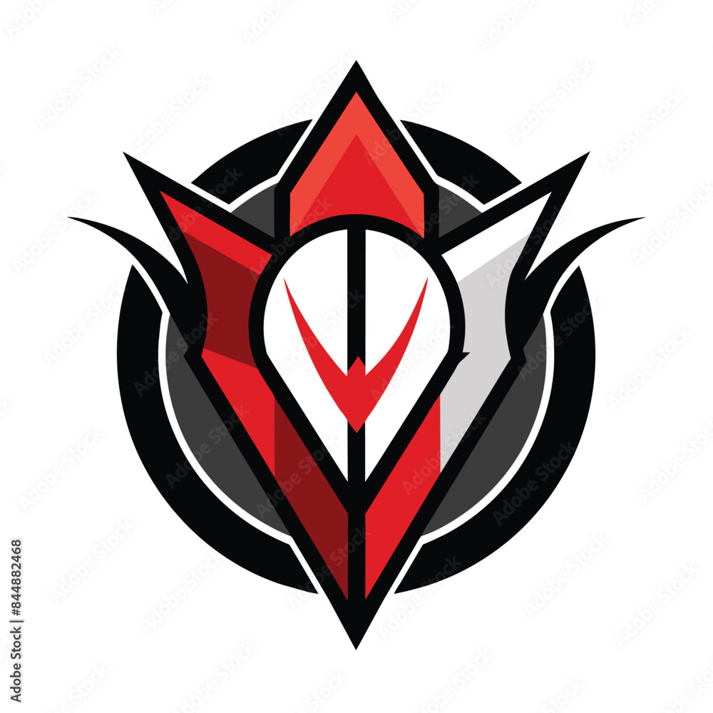 Poster an abstract graphic design featuring a red and silver shape with horns against a white background, u