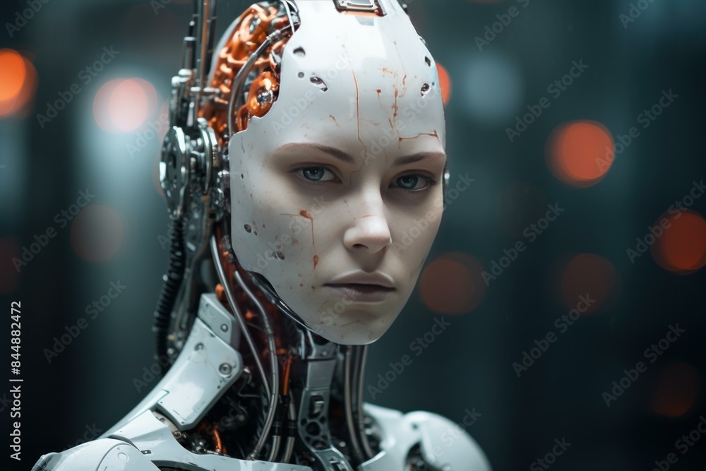Aufkleber close-up image of a humanoid robot with detailed facial features against a bokeh backdrop