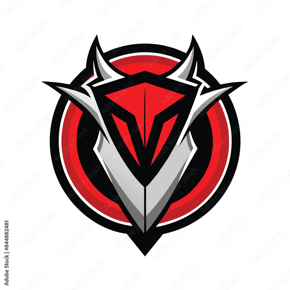Poster a stylized logo featuring a red and black v shape within a circular negative space design, use negat