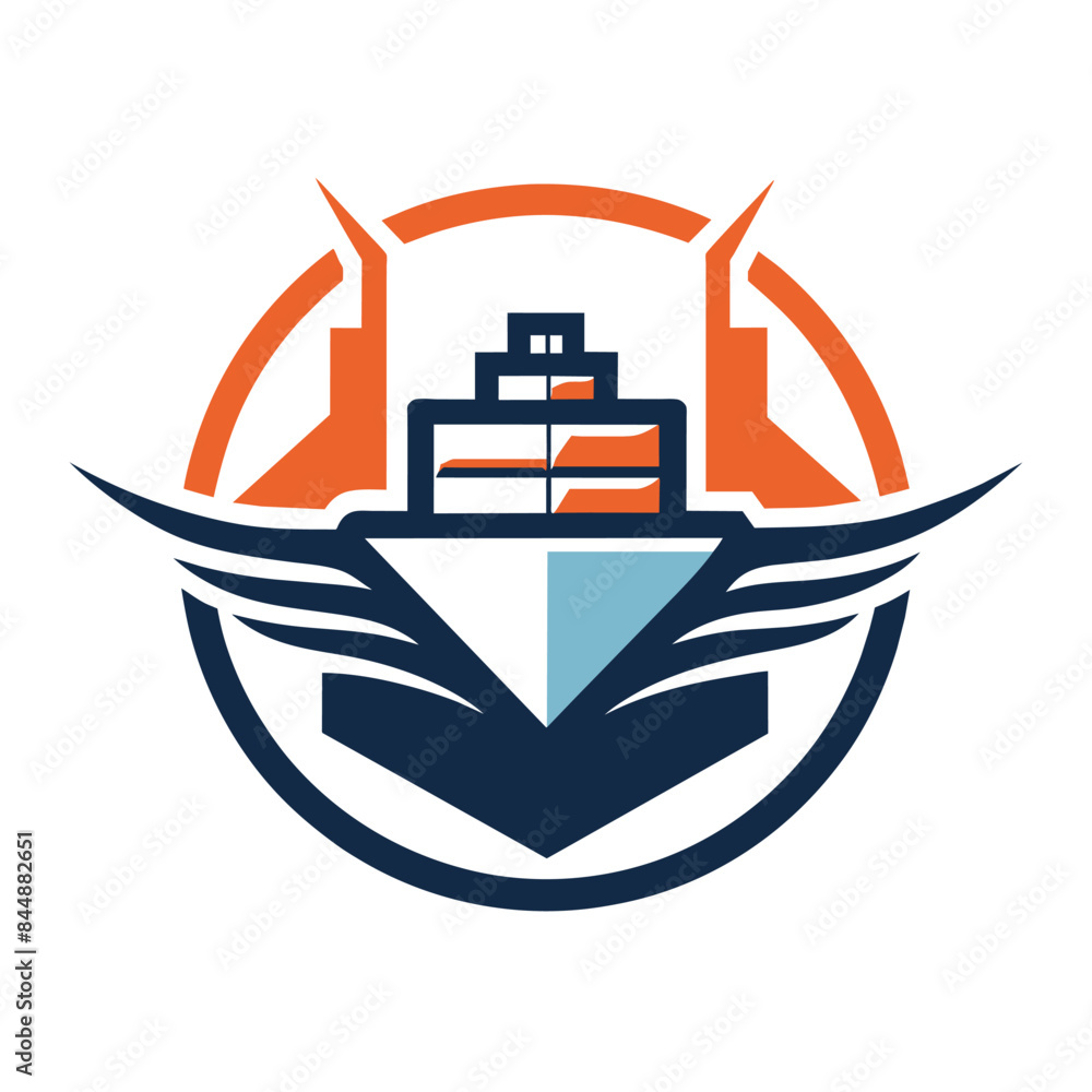 Poster An abstract illustration depicting a building and a boat inside a circular frame, Using clean lines and shapes to create a simple logo representing shipping