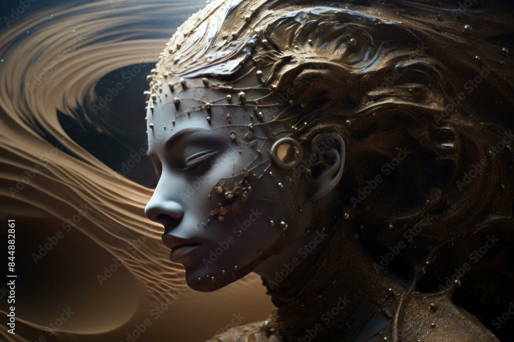 Poster close-up of a conceptual android face with intricate patterns and swirling background