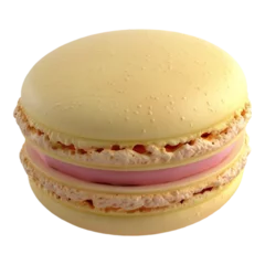 Gordijnen Sweet colorful macarons are stacked on a white background, unlike savory hamburgers with cheese and beef © Pink_Flamingo
