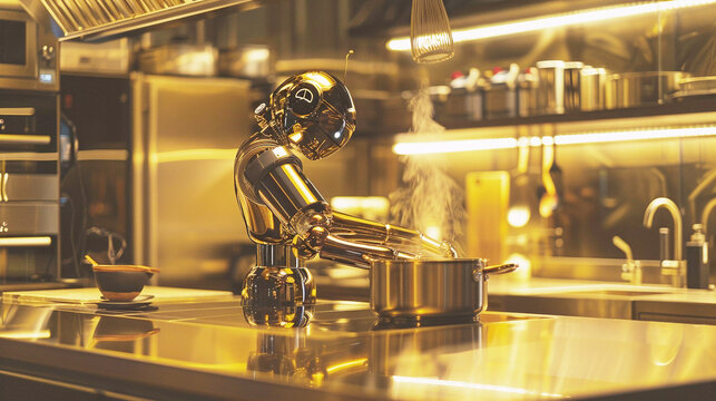 Humanoid robot preparing dish in the kitchen, artificial intelligence amd machine learning in hotel industry