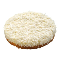 Aerial view of a coconut cake with coconut flakes on top, isolated on white background