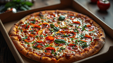 Pizza Box Shot, pizza in an open delivery box, with the lid up