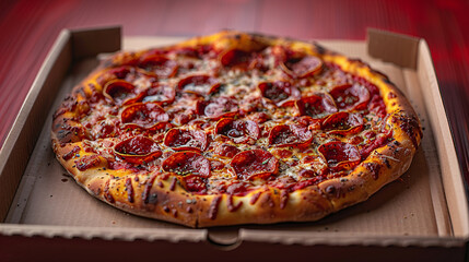 Pizza Box Shot, pizza in an open delivery box, with the lid up
