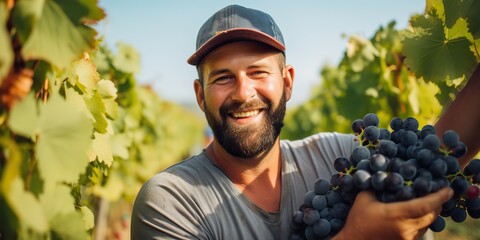Obraz premium Smiling man. A winegrower is harvesting grapes. Handsome male picking holding grape. Nature outdoor background scene