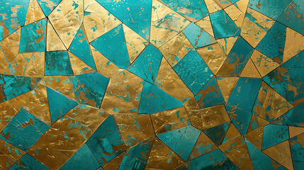 A pattern of turquoise and gold geometric shapes, forming an abstract background with detailed golden accents