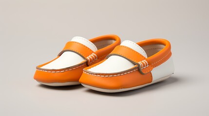 Trendy orange and white baby loafers with a minimalistic design on a solid grey background.